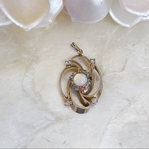 Vintage Gold Tone Pastel Rhinestone Faux Opal Oval Swirl Pendant
